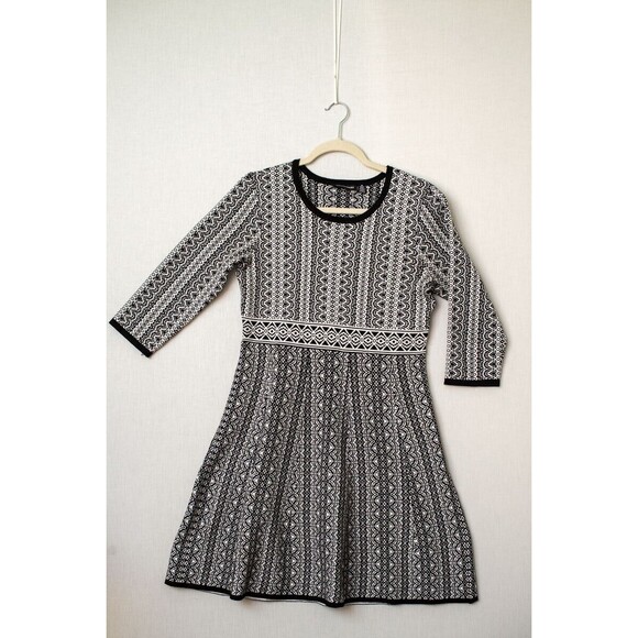 NINA LEONARD black & white graphic print rayon knit dress M MOD - Picture 1 of 8